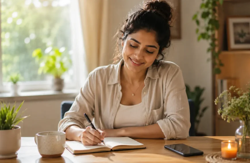 Social Media Comparison | Young Sri Lankan woman sitting at a wooden table in a bright, cozy home, smiling gently while writing in a gratitude journal. A smartphone rests face down beside her, while a cup of tea, indoor plants, and warm natural sunlight create a peaceful atmosphere. The scene represents self-reflection, emotional wellbeing, gratitude practice, and freedom from social media comparison.