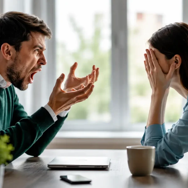 Relationship Boredom | A distressed couple sitting across from each other at a table during a heated argument, with the man expressing anger through animated gestures while the woman covers her face in frustration, illustrating relationship conflict and poor communication in a home setting.