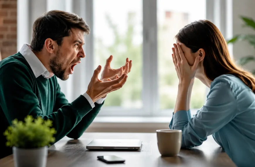 Relationship Boredom | A distressed couple sitting across from each other at a table during a heated argument, with the man expressing anger through animated gestures while the woman covers her face in frustration, illustrating relationship conflict and poor communication in a home setting.