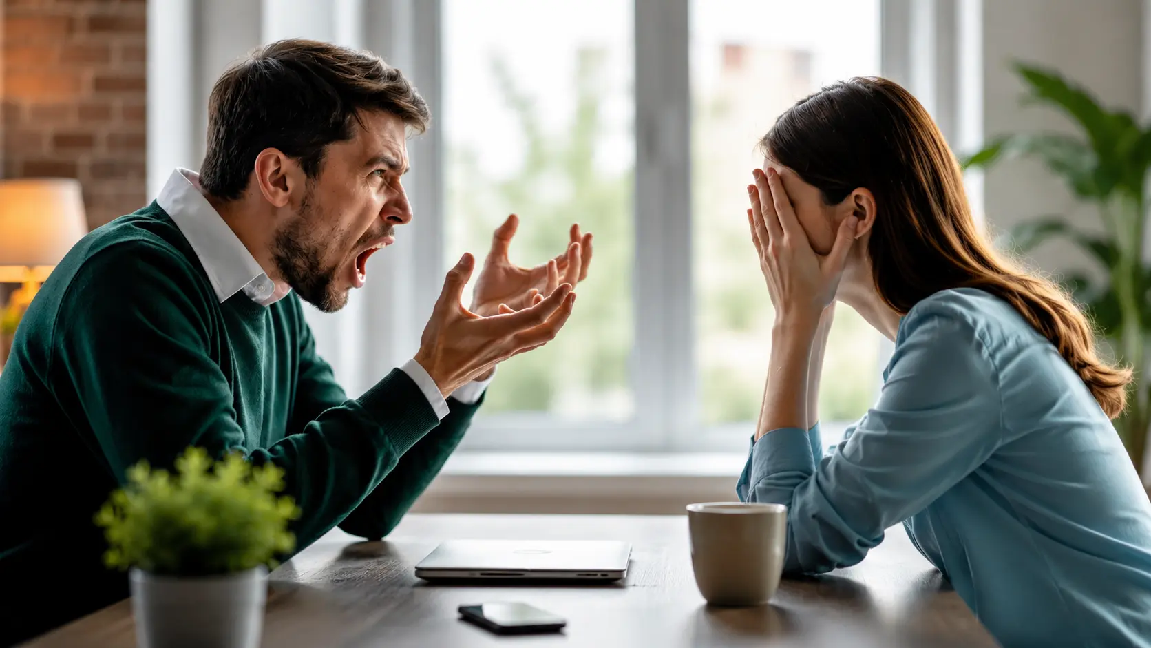 Relationship Boredom | A distressed couple sitting across from each other at a table during a heated argument, with the man expressing anger through animated gestures while the woman covers her face in frustration, illustrating relationship conflict and poor communication in a home setting.