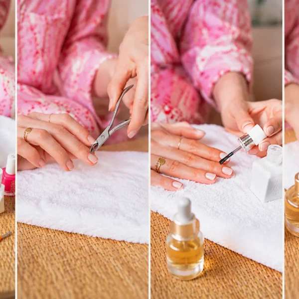 Manicure | A step-by-step at-home manicure collage showing hands soaking, trimming cuticles, applying nail polish, and moisturising, with nail care tools, towels, polish bottles, and soft spa-style details.