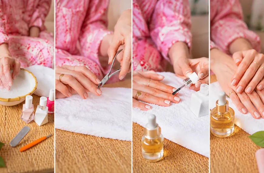 Manicure | A step-by-step at-home manicure collage showing hands soaking, trimming cuticles, applying nail polish, and moisturising, with nail care tools, towels, polish bottles, and soft spa-style details.