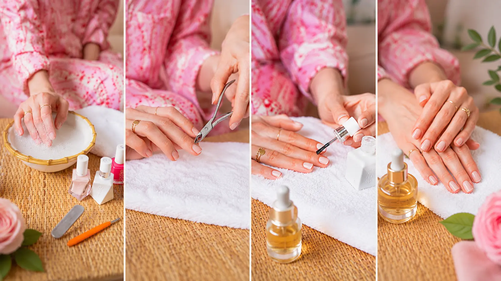 Manicure | A step-by-step at-home manicure collage showing hands soaking, trimming cuticles, applying nail polish, and moisturising, with nail care tools, towels, polish bottles, and soft spa-style details.