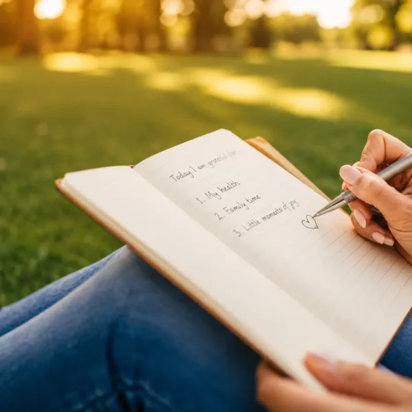 Gratitude Journaling | A person writing a gratitude list in an open journal while sitting outdoors in a peaceful park during warm golden sunlight.