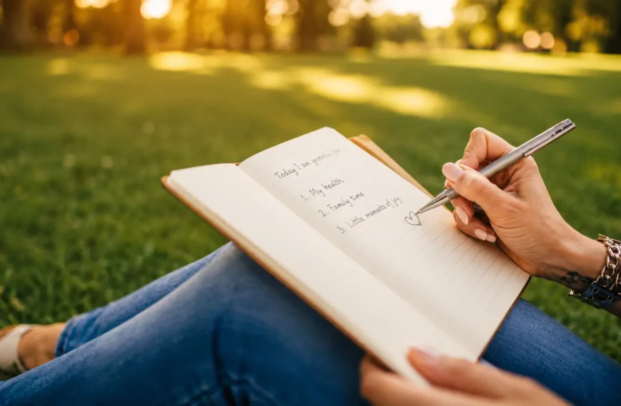 Gratitude Journaling | A person writing a gratitude list in an open journal while sitting outdoors in a peaceful park during warm golden sunlight.