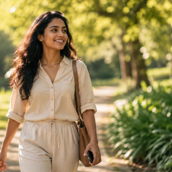 Validation | A confident Sri Lankan woman walking peacefully in a green park without looking at her phone, symbolising self-worth and freedom from social media validation.