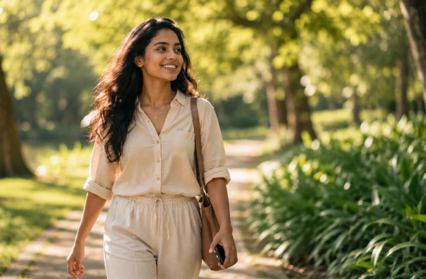Validation | A confident Sri Lankan woman walking peacefully in a green park without looking at her phone, symbolising self-worth and freedom from social media validation.