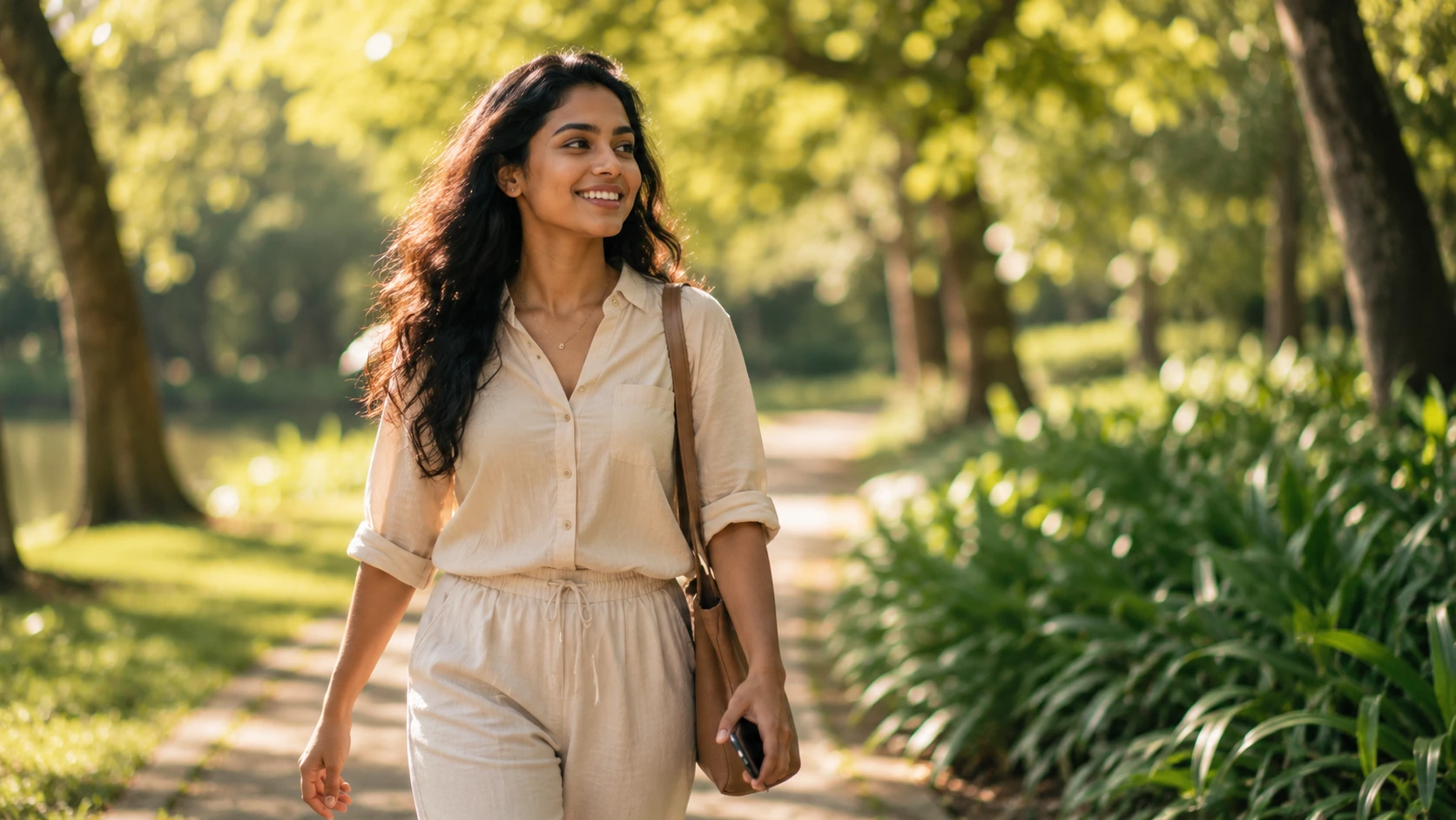 Validation | A confident Sri Lankan woman walking peacefully in a green park without looking at her phone, symbolising self-worth and freedom from social media validation.