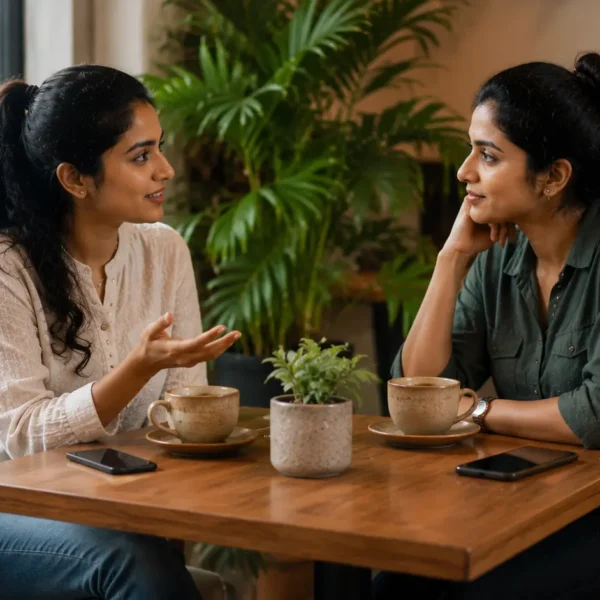 Boundaries | Two Sri Lankan women friends having a thoughtful conversation in a cosy café, sitting comfortably with healthy personal space between them. Their phones are placed face-down on the table while they enjoy coffee and meaningful discussion, symbolising trust, respect, friendship boundaries, and emotional maturity.