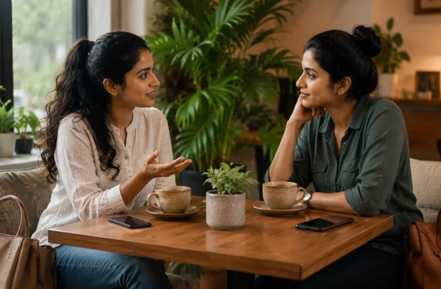 Boundaries | Two Sri Lankan women friends having a thoughtful conversation in a cosy café, sitting comfortably with healthy personal space between them. Their phones are placed face-down on the table while they enjoy coffee and meaningful discussion, symbolising trust, respect, friendship boundaries, and emotional maturity.