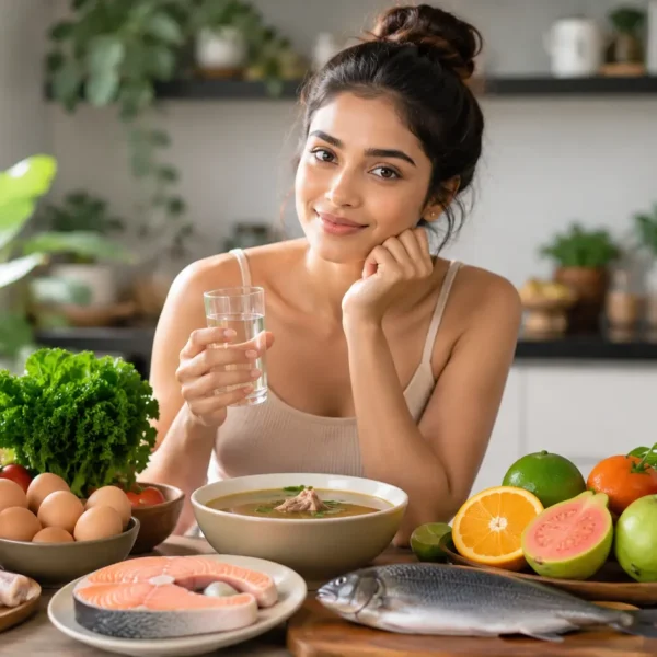 Collagen | A young Sri Lankan woman in a bright modern kitchen holding a glass of water, surrounded by collagen-boosting foods such as leafy greens, eggs, fish, chicken, citrus fruits, guava, carrots, tomatoes, and bone broth.