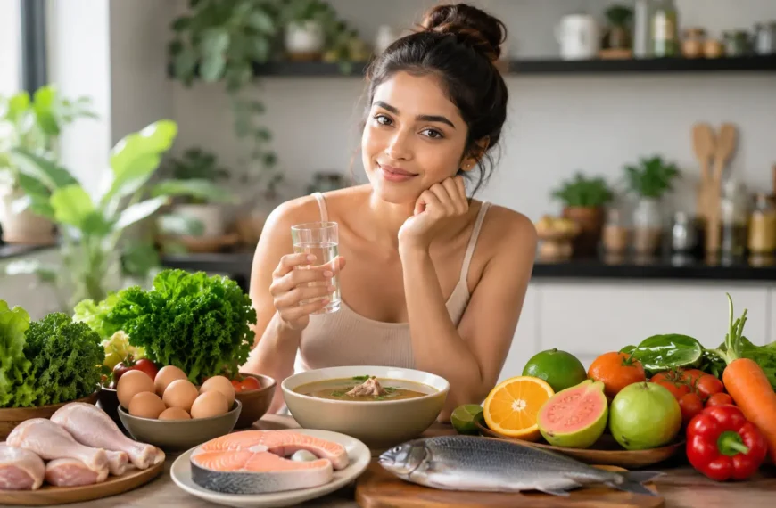 Collagen | A young Sri Lankan woman in a bright modern kitchen holding a glass of water, surrounded by collagen-boosting foods such as leafy greens, eggs, fish, chicken, citrus fruits, guava, carrots, tomatoes, and bone broth.