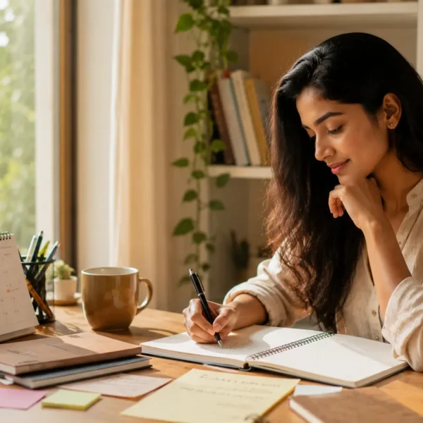 Mid-year stress | A young Sri Lankan woman writing in a planner at a calm, sunlit desk while reviewing her mid-year goals and planning a fresh start.
