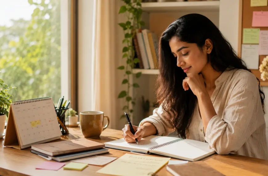Mid-year stress | A young Sri Lankan woman writing in a planner at a calm, sunlit desk while reviewing her mid-year goals and planning a fresh start.
