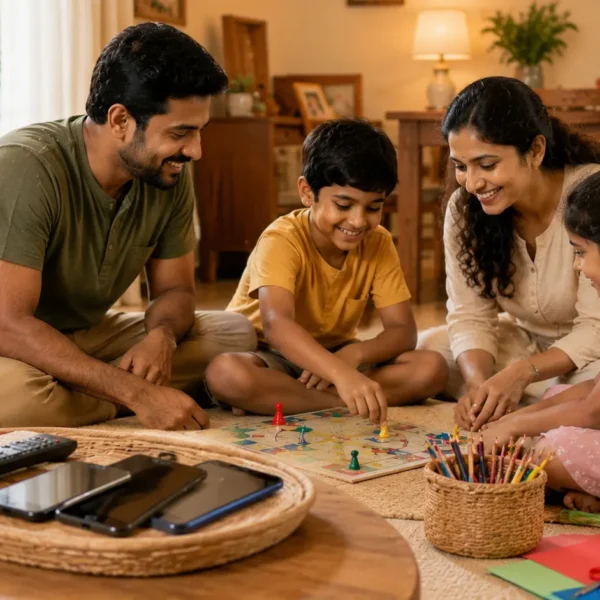 Hobbies | Sri Lankan family enjoying screen-free quality time together at home, playing a board game and doing creative activities while smartphones and a TV remote are placed aside, symbolising family bonding, communication, and healthy digital balance.