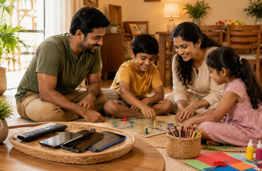Hobbies | Sri Lankan family enjoying screen-free quality time together at home, playing a board game and doing creative activities while smartphones and a TV remote are placed aside, symbolising family bonding, communication, and healthy digital balance.