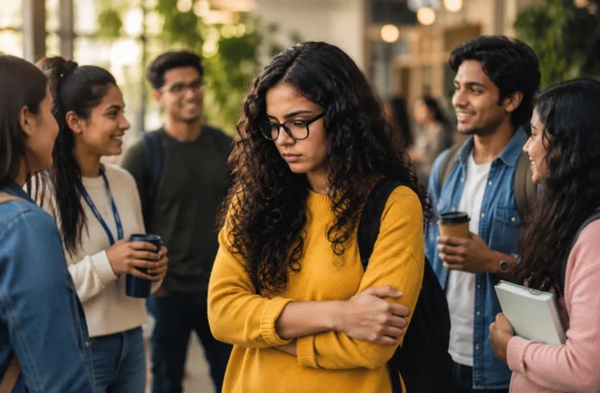 Social anxiety | A young woman stands quietly among a group of smiling colleagues, reflecting social anxiety in a new workplace or social setting.