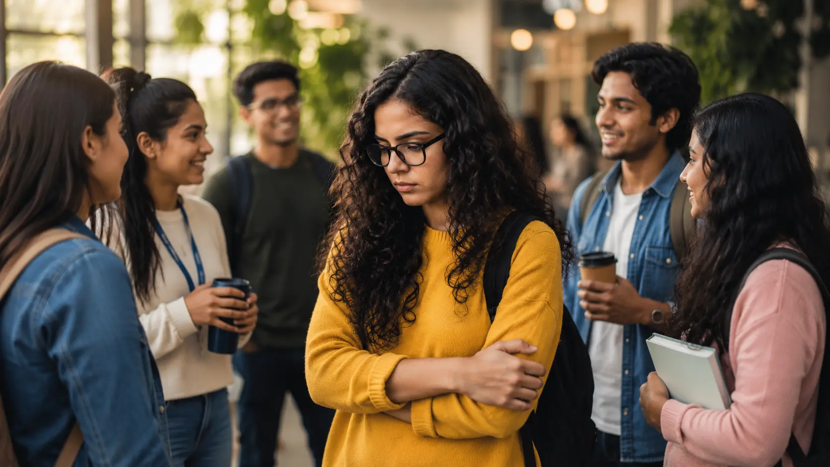 Social anxiety | A young woman stands quietly among a group of smiling colleagues, reflecting social anxiety in a new workplace or social setting.
