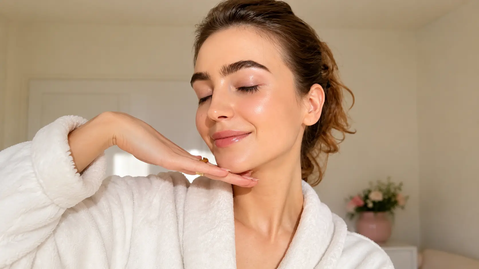 Glow | Young woman in a white robe with naturally glowing skin, posing indoors in soft sunlight as part of a natural skincare routine.
