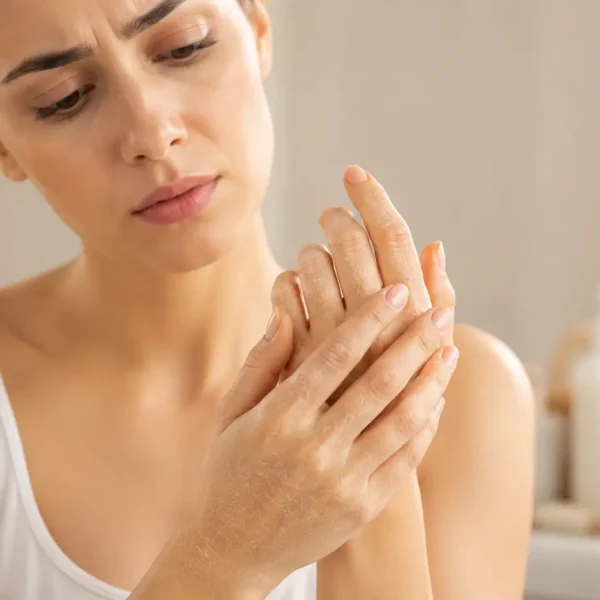 Moisture | Young woman looking concerned while examining her dry and rough hands at home.