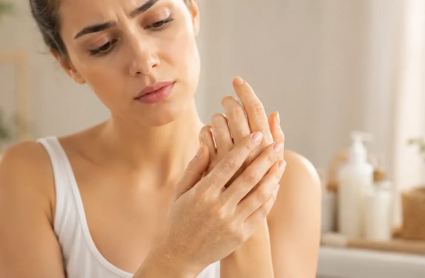 Moisture | Young woman looking concerned while examining her dry and rough hands at home.