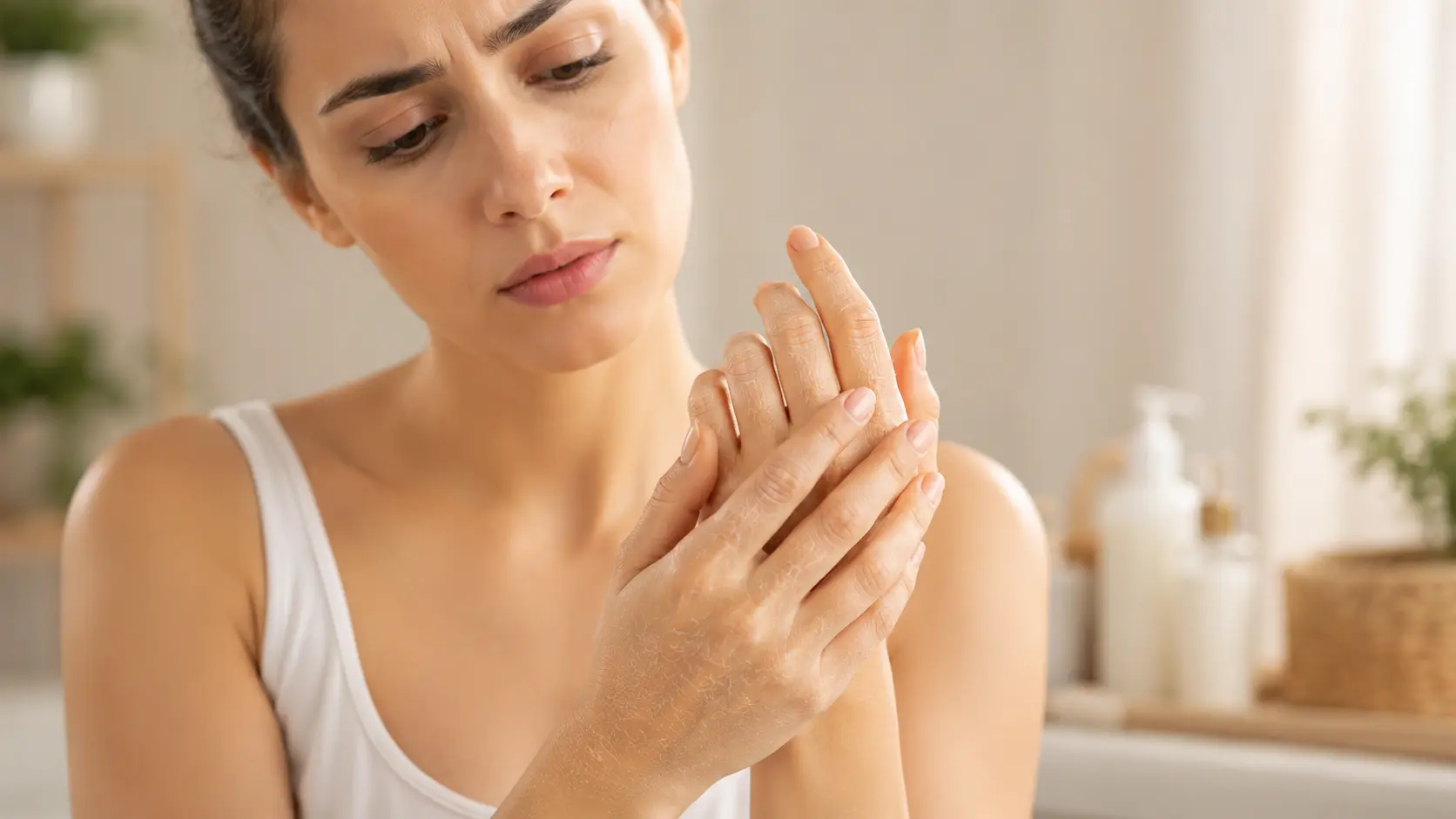Moisture | Young woman looking concerned while examining her dry and rough hands at home.