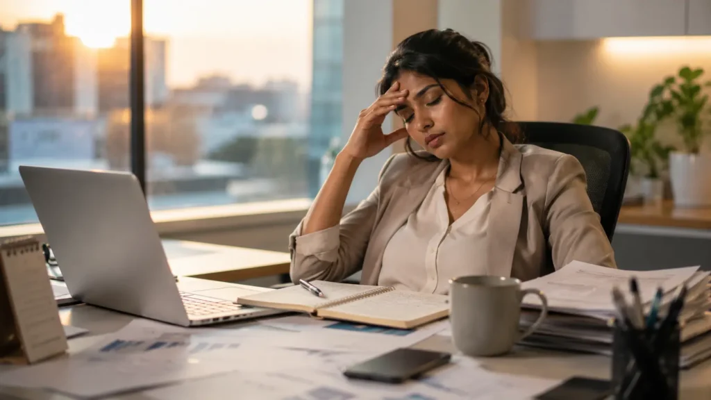 Job Burnout | Young Sri Lankan professional woman sitting at an office desk looking mentally exhausted after a long workday, illustrating job burnout, workplace stress and emotional fatigue.