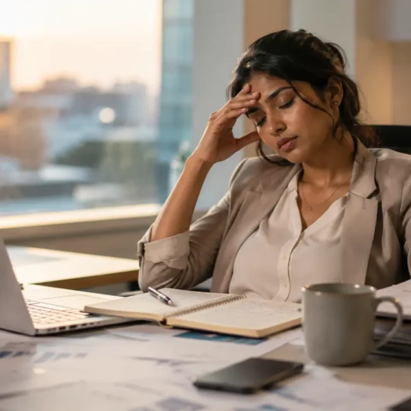 Job Burnout | Young Sri Lankan professional woman sitting at an office desk looking mentally exhausted after a long workday, illustrating job burnout, workplace stress and emotional fatigue.
