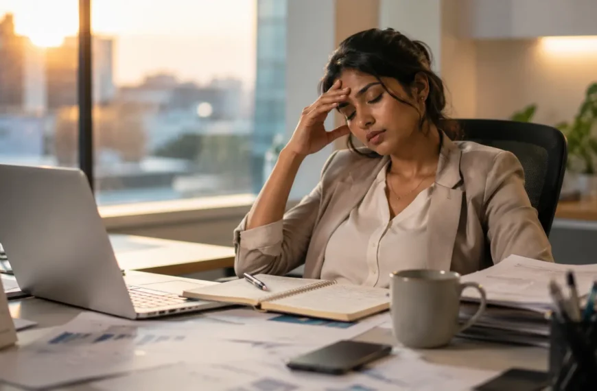 Job Burnout | Young Sri Lankan professional woman sitting at an office desk looking mentally exhausted after a long workday, illustrating job burnout, workplace stress and emotional fatigue.
