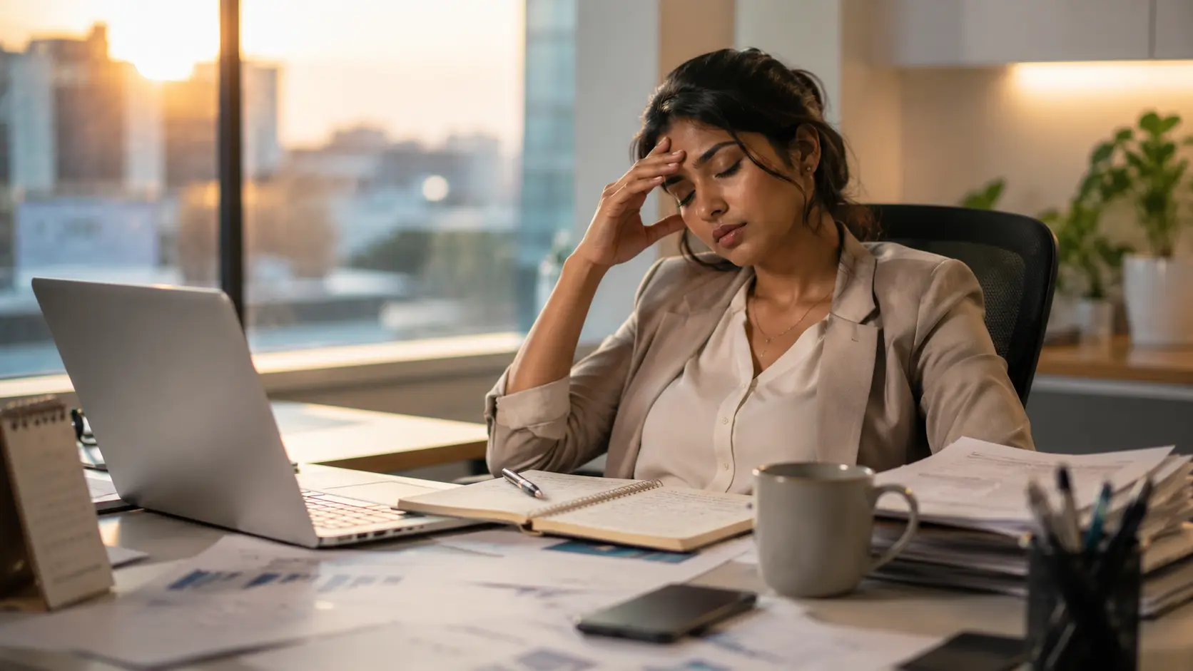 Job Burnout | Young Sri Lankan professional woman sitting at an office desk looking mentally exhausted after a long workday, illustrating job burnout, workplace stress and emotional fatigue.
