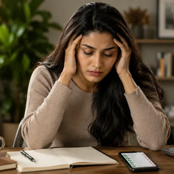 Emotional dumping | A stressed young woman sitting at a home office desk, holding her head with both hands while looking overwhelmed by messages and work.