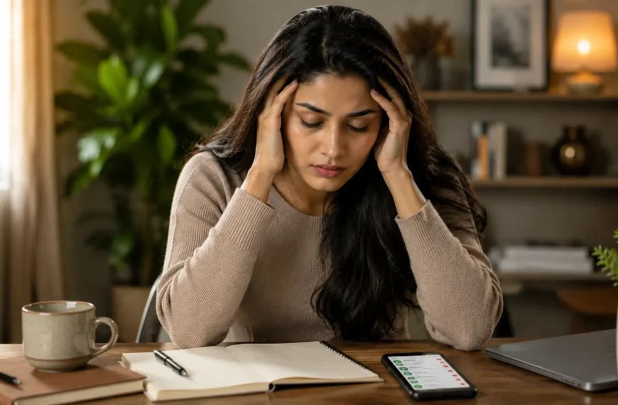 Emotional dumping | A stressed young woman sitting at a home office desk, holding her head with both hands while looking overwhelmed by messages and work.