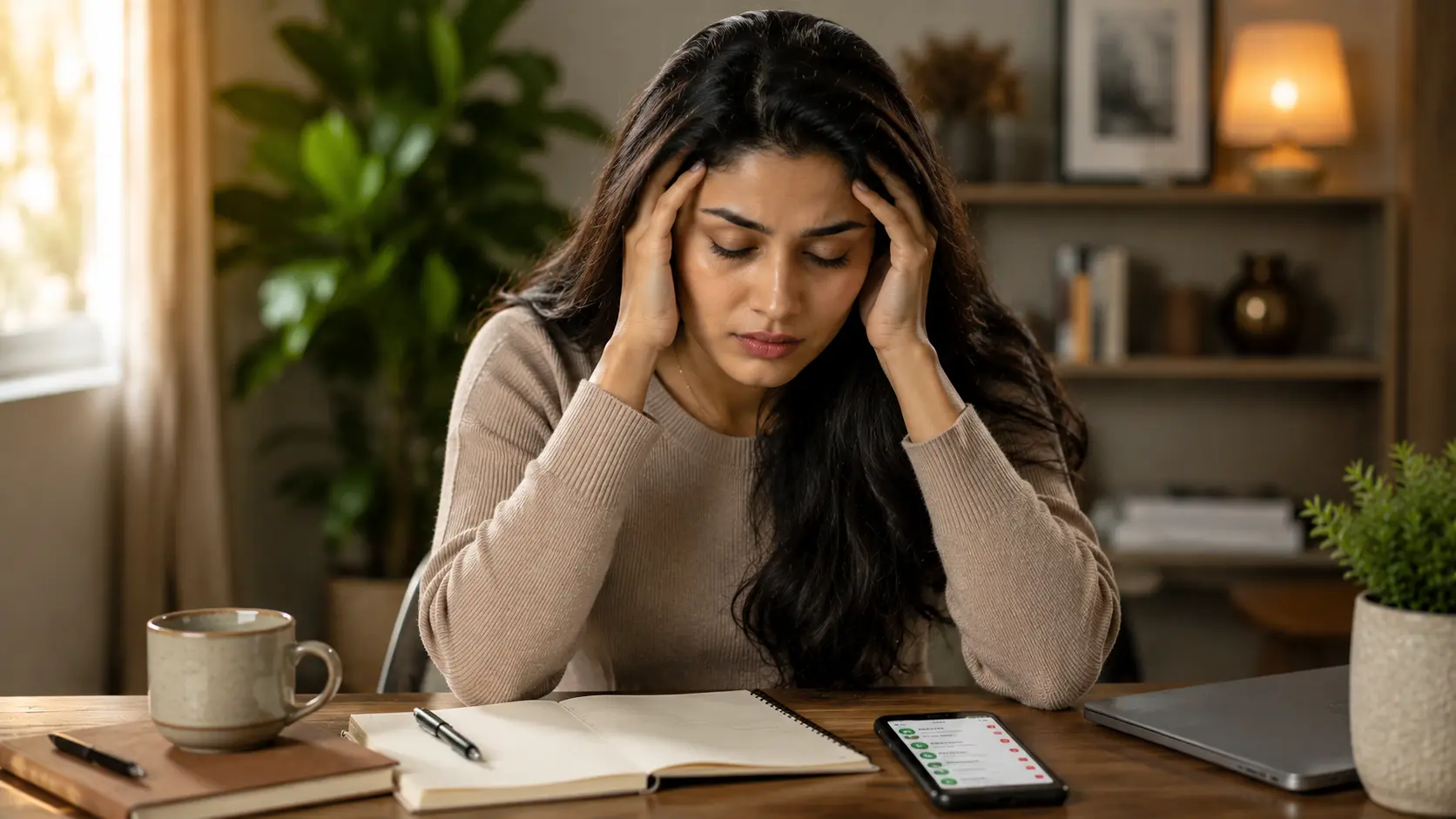 Emotional dumping | A stressed young woman sitting at a home office desk, holding her head with both hands while looking overwhelmed by messages and work.