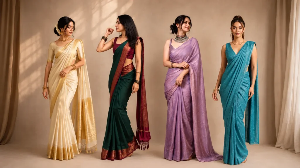 Saree | Four women wearing elegant sarees in cream, green, lavender and turquoise, styled as a fashion lookbook.
