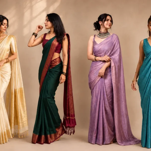 Saree | Four women wearing elegant sarees in cream, green, lavender and turquoise, styled as a fashion lookbook.
