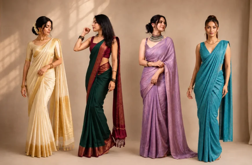 Saree | Four women wearing elegant sarees in cream, green, lavender and turquoise, styled as a fashion lookbook.