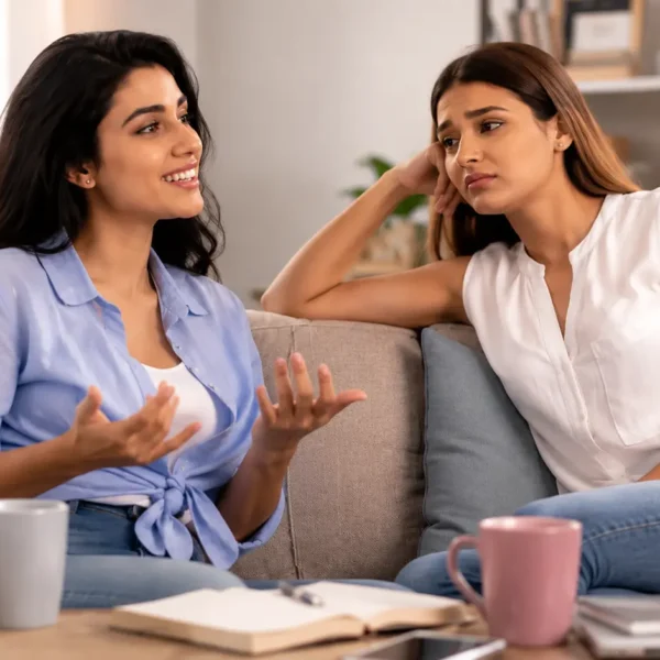 Friendship Comparison | Two Sri Lankan women sitting together on a sofa at home, one excitedly sharing good news while the other listens with a thoughtful, slightly jealous expression, illustrating friendship comparison and emotional growth.