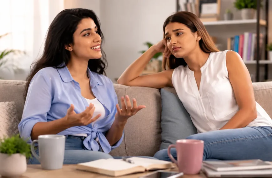 Friendship Comparison | Two Sri Lankan women sitting together on a sofa at home, one excitedly sharing good news while the other listens with a thoughtful, slightly jealous expression, illustrating friendship comparison and emotional growth.