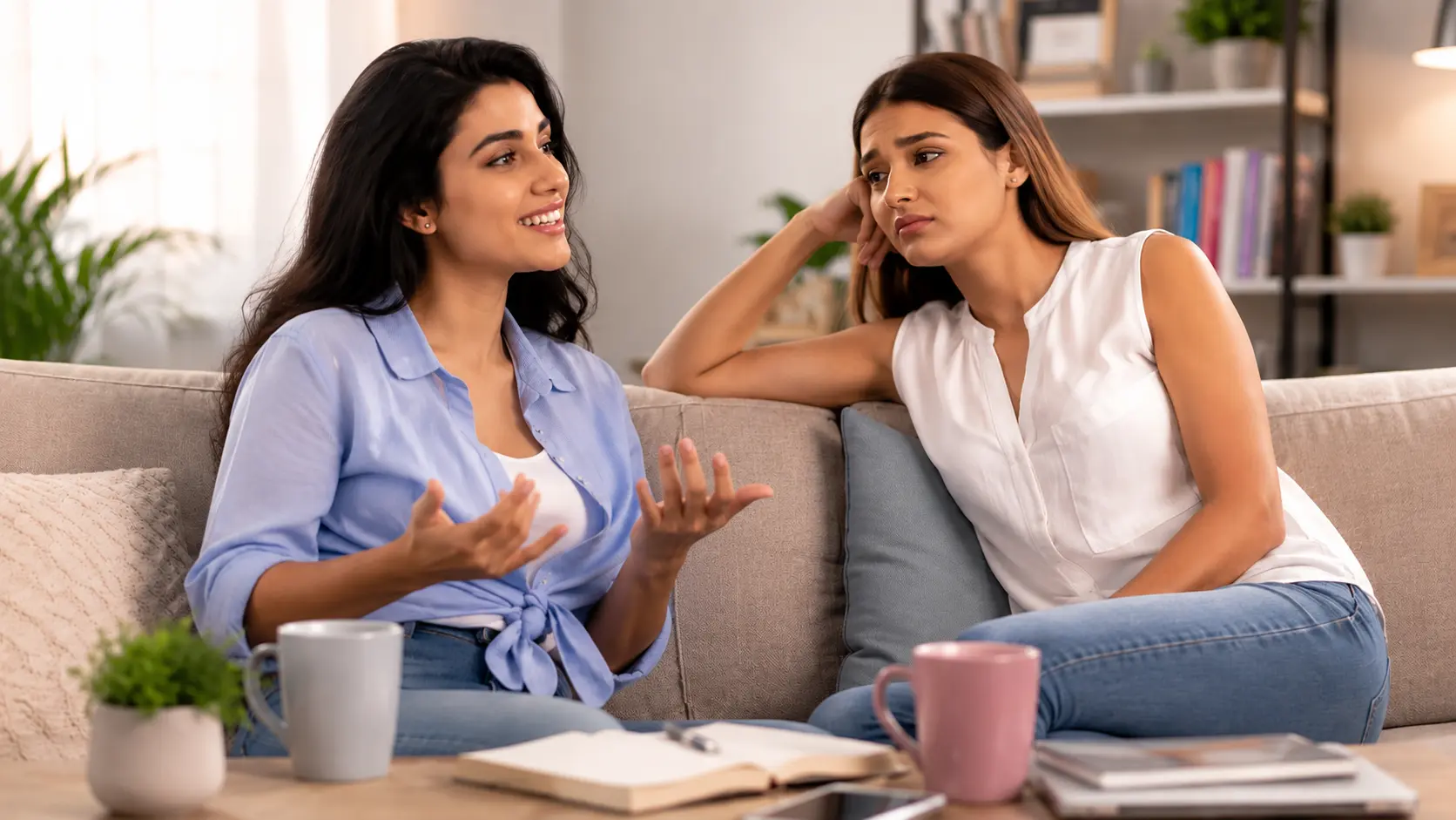 Friendship Comparison | Two Sri Lankan women sitting together on a sofa at home, one excitedly sharing good news while the other listens with a thoughtful, slightly jealous expression, illustrating friendship comparison and emotional growth.