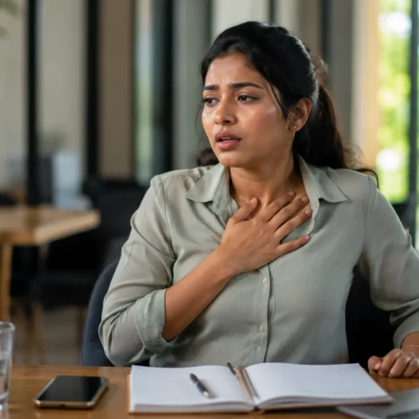 Panic Attack | Young Sri Lankan woman experiencing sudden anxiety at a café table, holding her chest while trying to steady her breathing, with a glass of water, notebook and phone nearby.