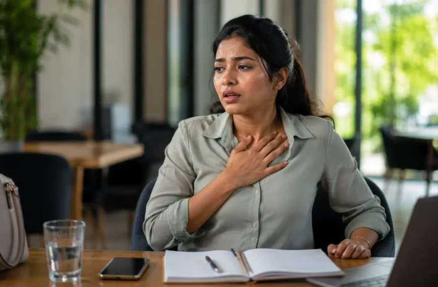 Panic Attack | Young Sri Lankan woman experiencing sudden anxiety at a café table, holding her chest while trying to steady her breathing, with a glass of water, notebook and phone nearby.