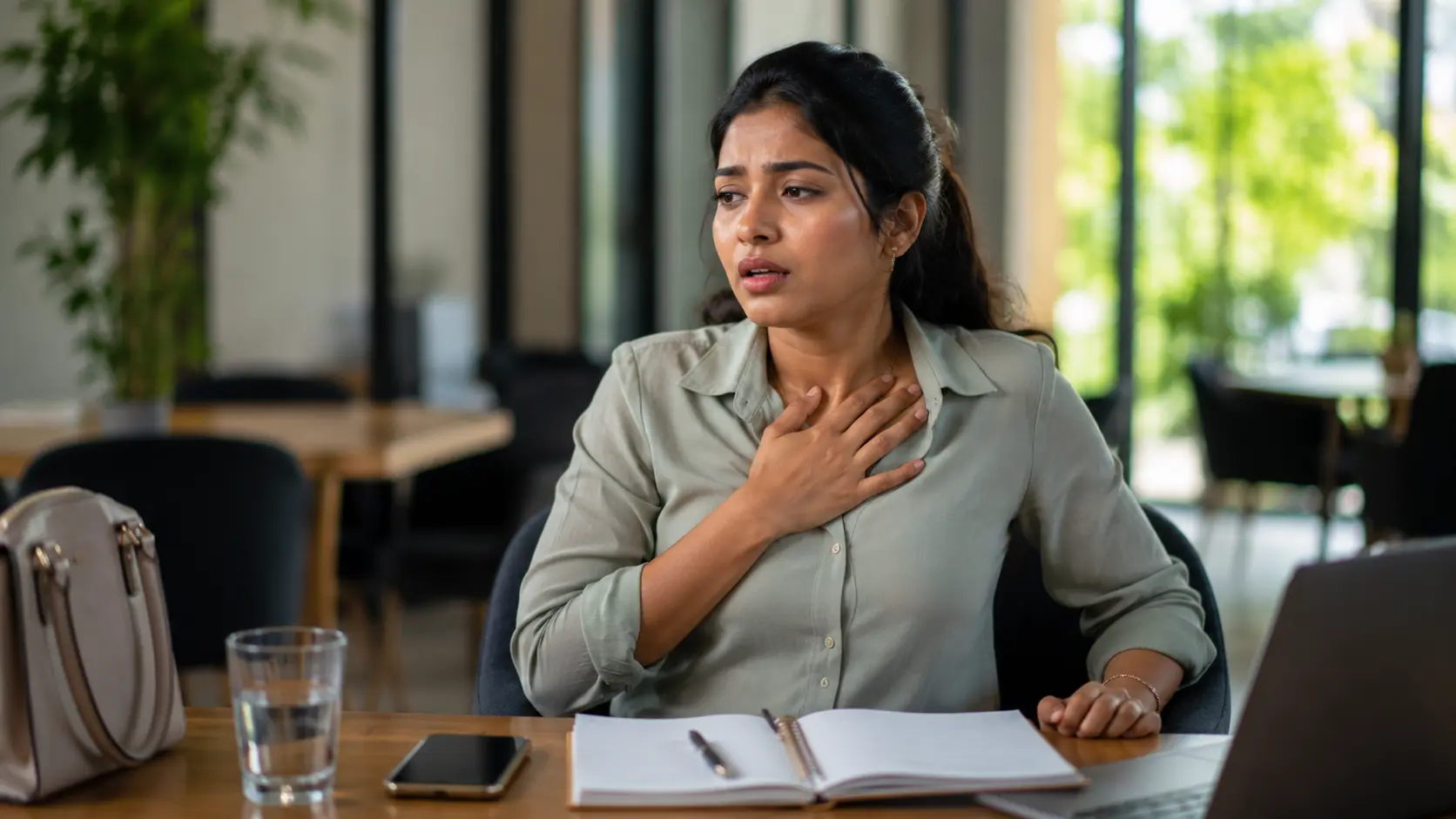 Panic Attack | Young Sri Lankan woman experiencing sudden anxiety at a café table, holding her chest while trying to steady her breathing, with a glass of water, notebook and phone nearby.