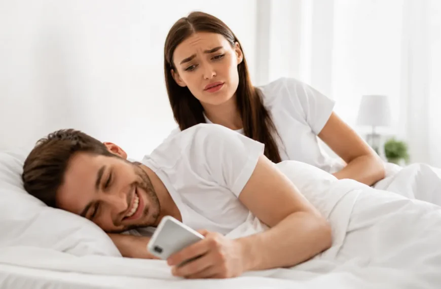 Micro-Cheating | Worried woman looking at her partner using a phone in bed.