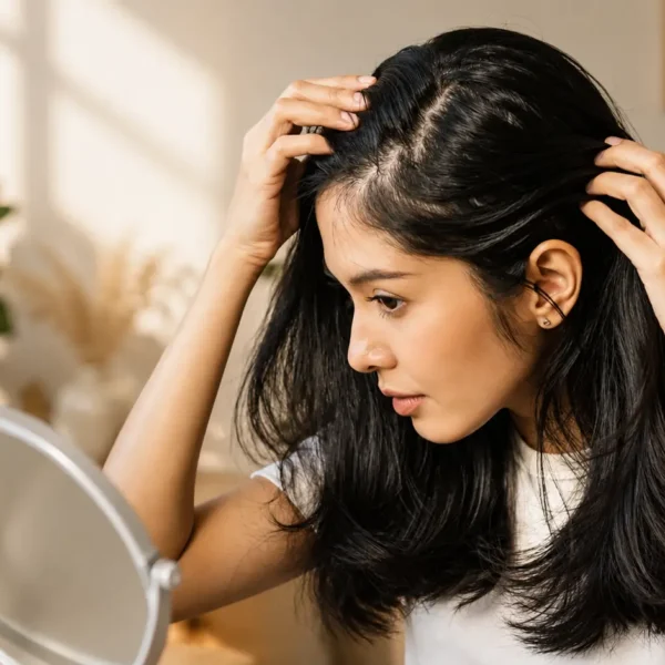 Scalp Care | A young woman examining her oily scalp and hair roots in front of a mirror at home.