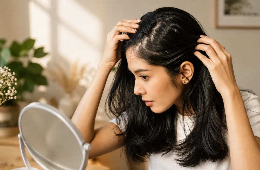 Scalp Care | A young woman examining her oily scalp and hair roots in front of a mirror at home.