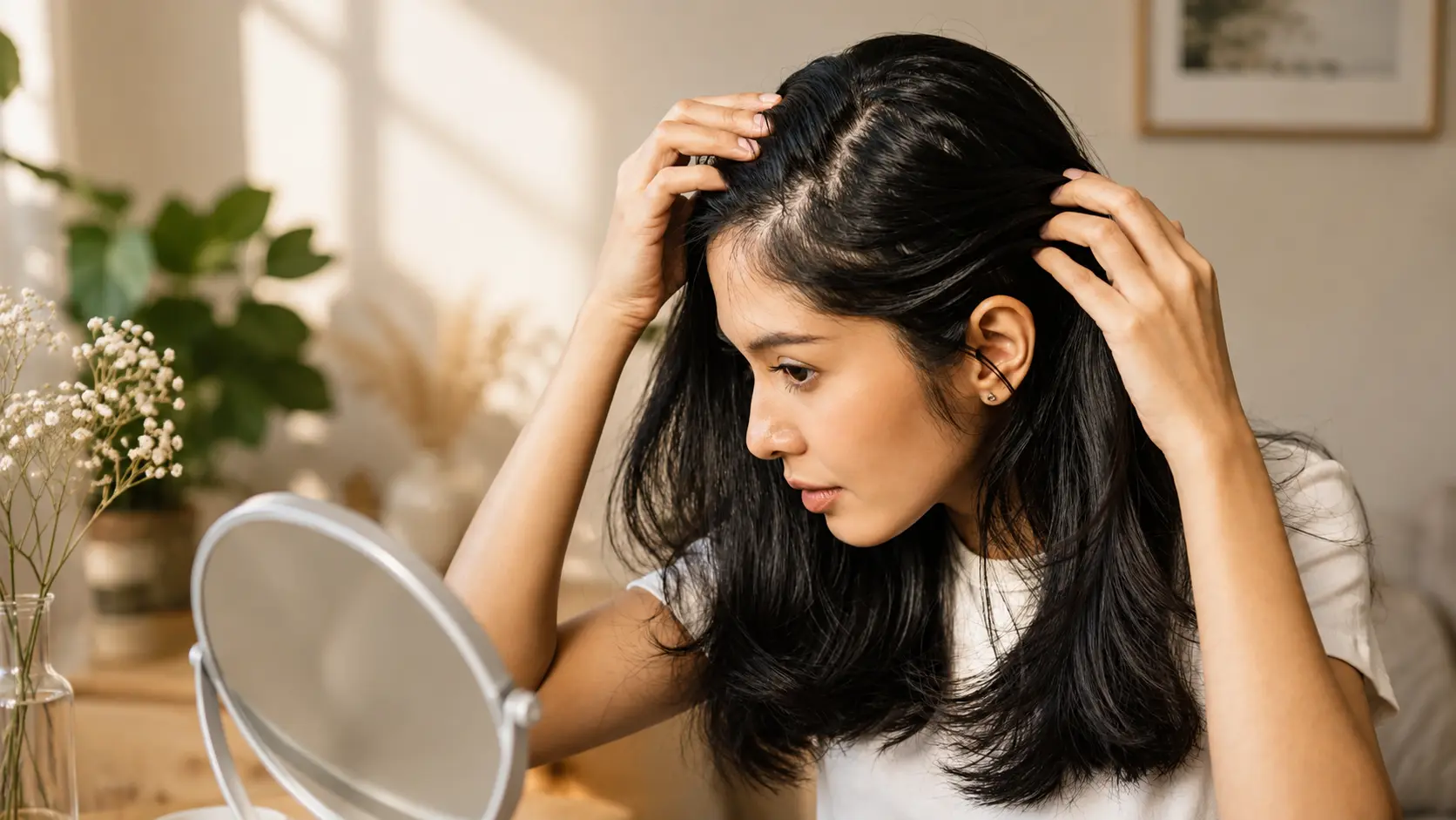 Scalp Care | A young woman examining her oily scalp and hair roots in front of a mirror at home.