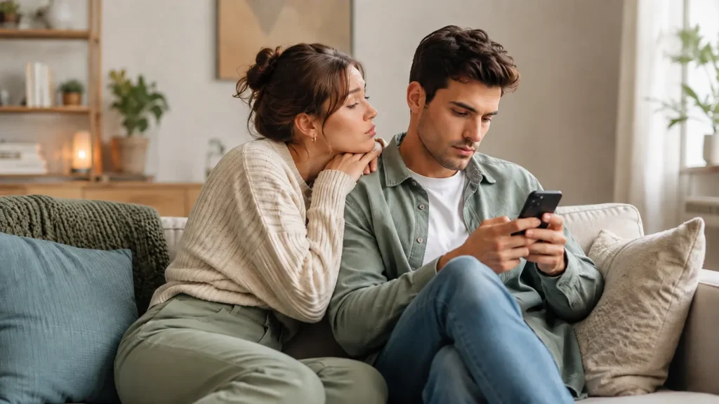 Emotional Dependency | Woman leaning on her partner while he looks at his phone on the sofa.