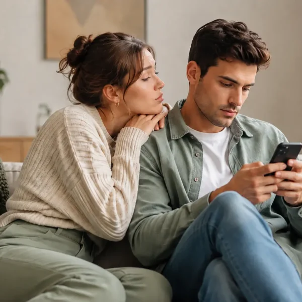 Emotional Dependency | Woman leaning on her partner while he looks at his phone on the sofa.