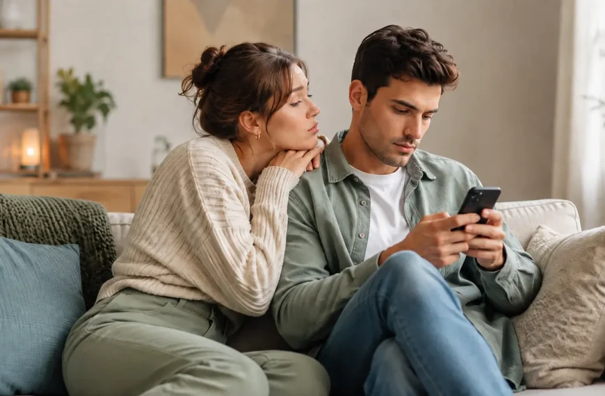 Emotional Dependency | Woman leaning on her partner while he looks at his phone on the sofa.